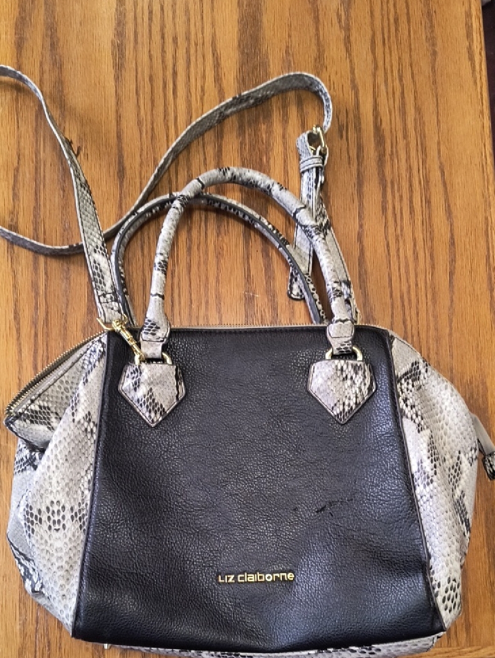 Like New Liz Claiborne Black with Snake-Print Trim Satchel/Crossbody Bag
